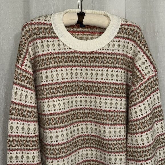 AE Whoa So Soft Fair Isle Crewneck Relaxed Knit Cream Tan Red Preppy Sweater - Picture 11 of 16